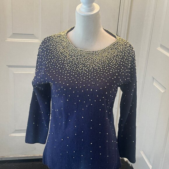 Vintage 80's Bonnie Boerer Embellished Navy Sweater with Gold Beads S - Picture 1 of 14